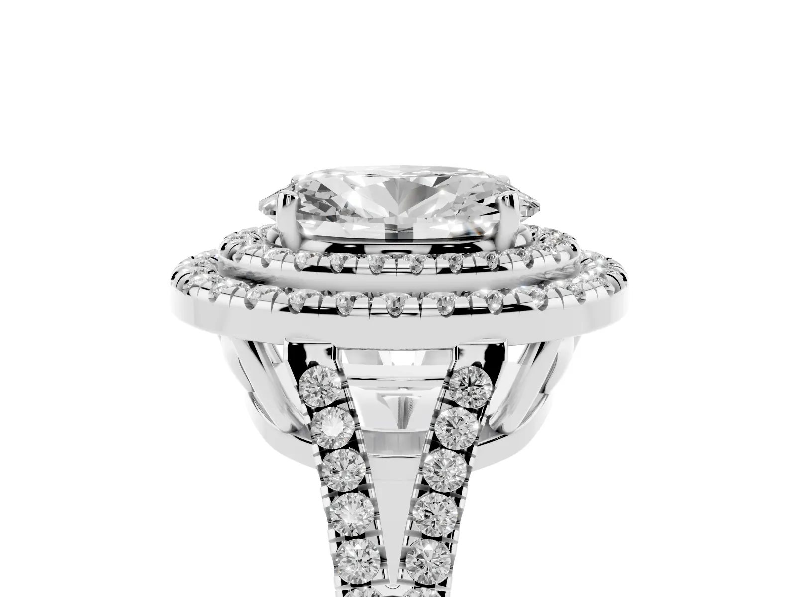 Oval Cut Diamond Double Halo Ring with Pavé Band and Prong Setting Platinum