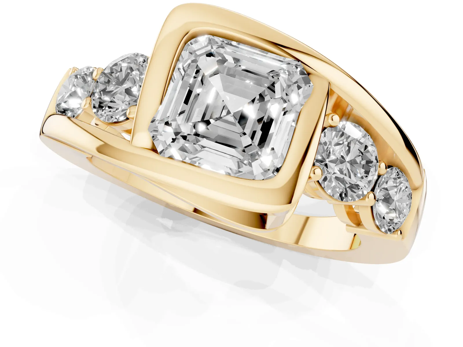 Bezel Set Asscher Cut Diamond Bypass Ring with Round Accents Yellow gold