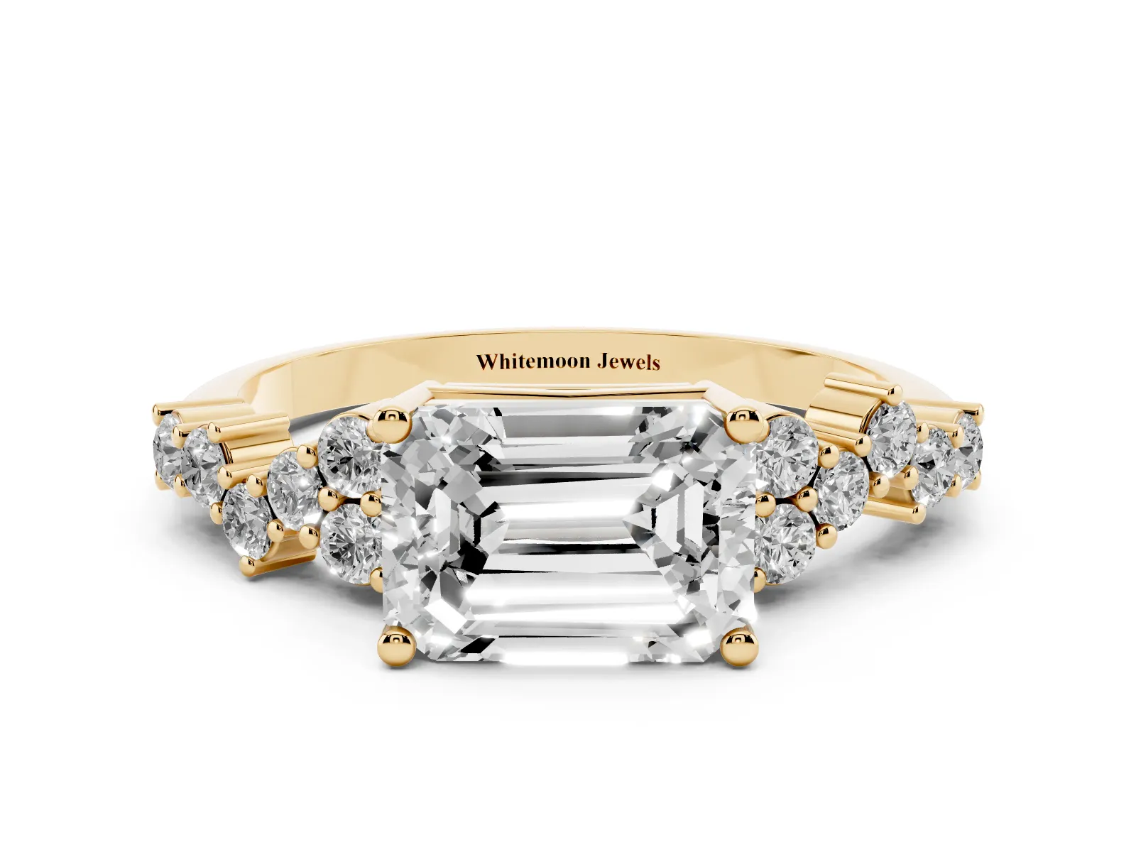 Emerald Cut Diamond Scattered Round Accent Ring with Prong Setting Yellow gold