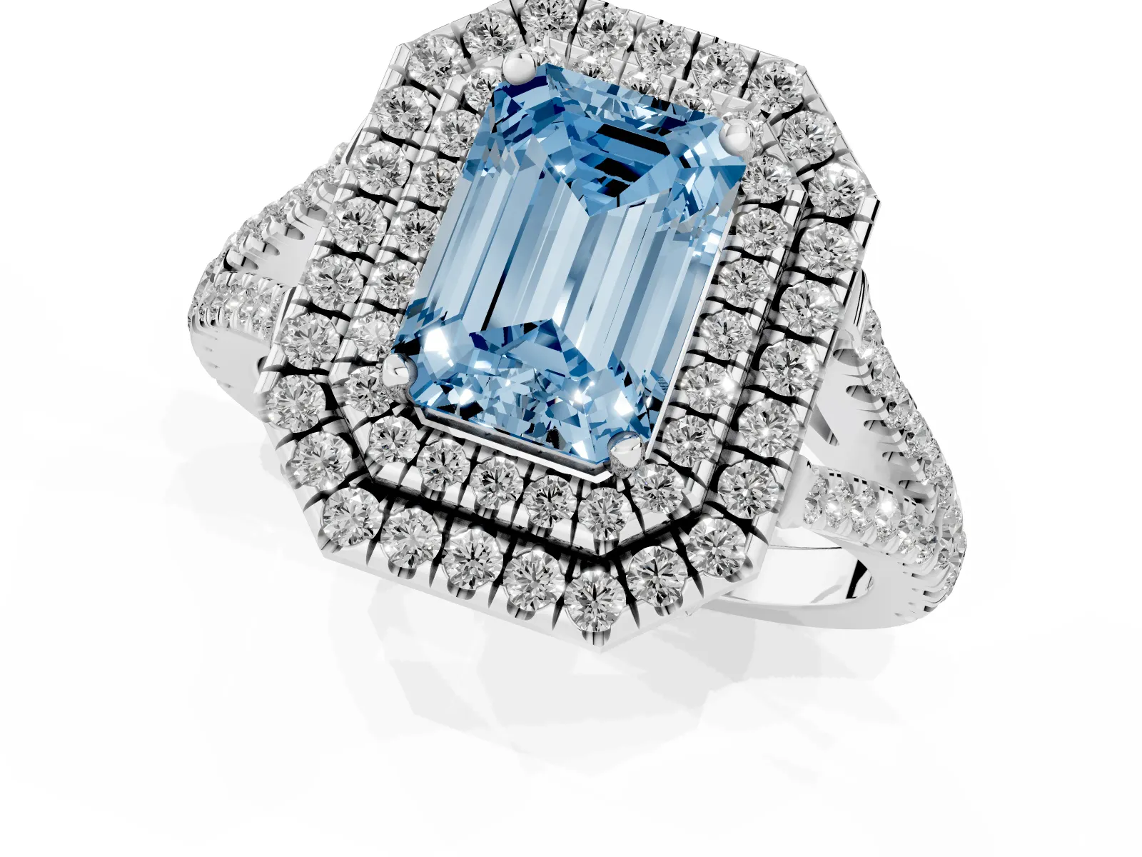 Fancy Blue Emerald Cut Diamond Double Halo Ring with Pavé Band and Prong Setting Platinum