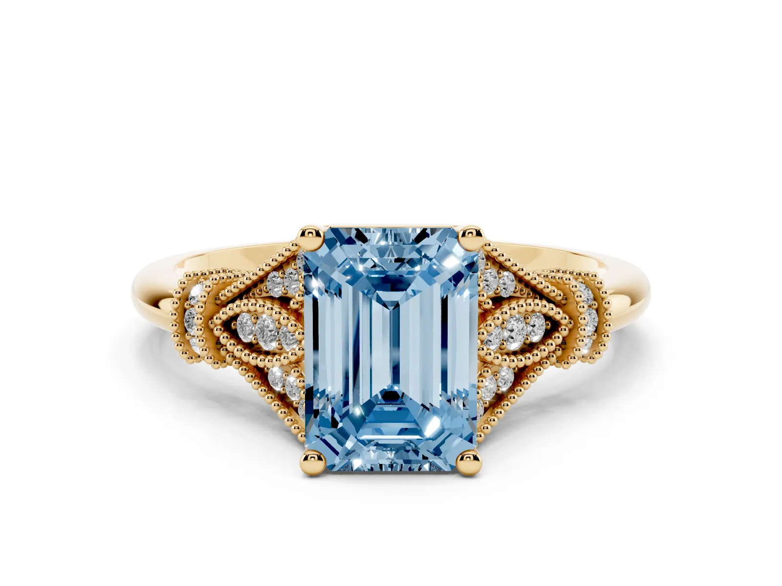 Fancy Blue Emerald Cut Diamond Solitaire Ring with Floral Filigree and Pave Accents Yellow gold