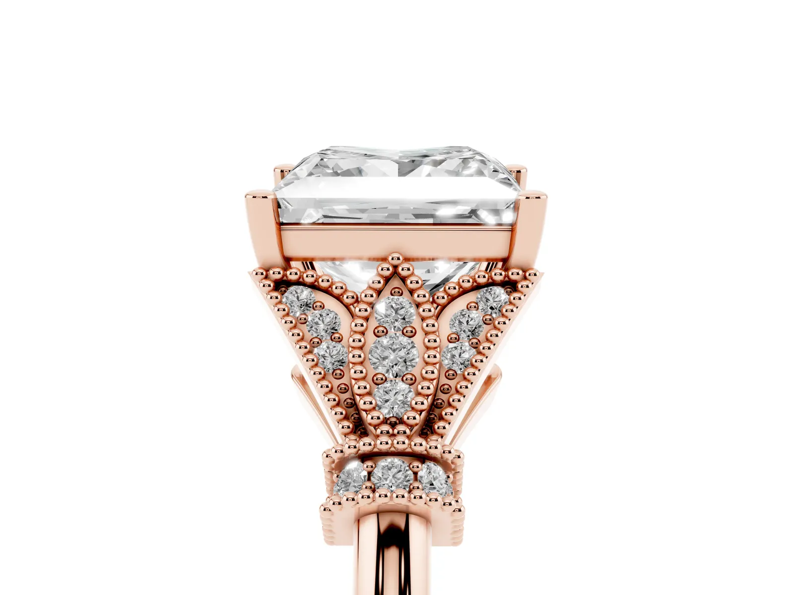 Princess Cut Diamond Solitaire Ring with Floral Filigree and Pave Accents Rose gold