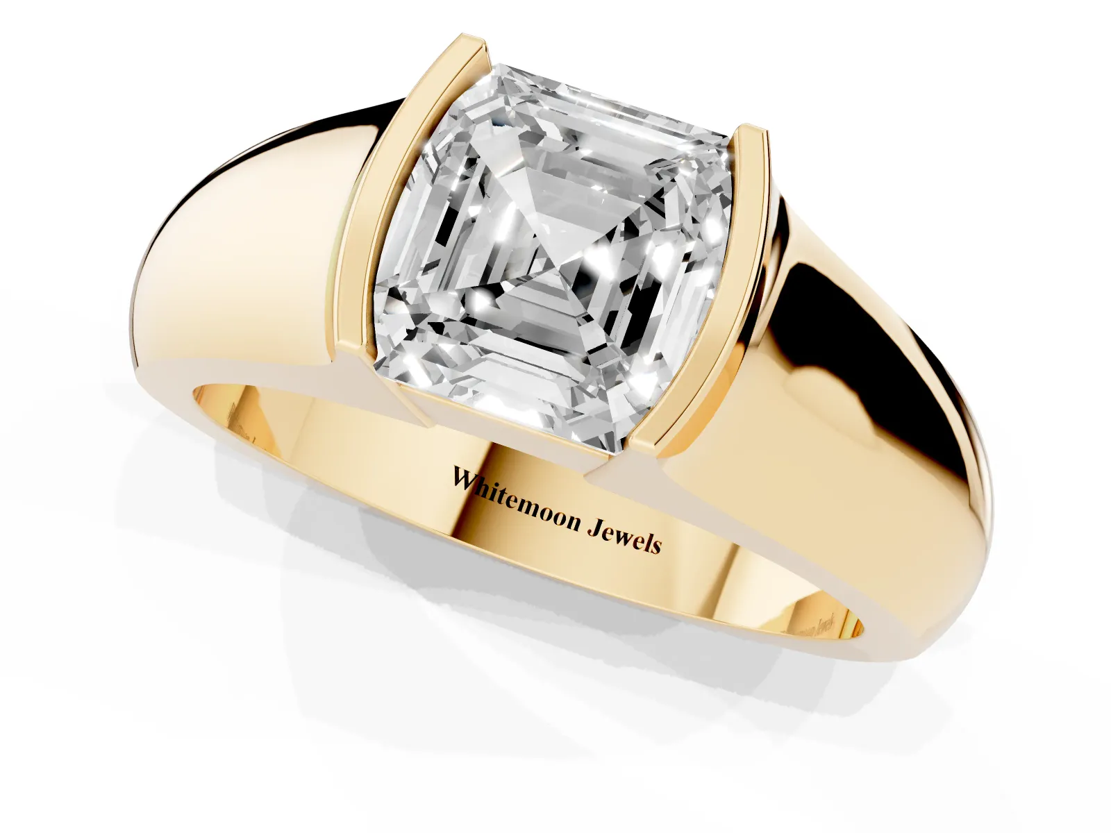 Asscher Cut Solitaire Bezel Set Diamond Ring with Wide Band Yellow gold