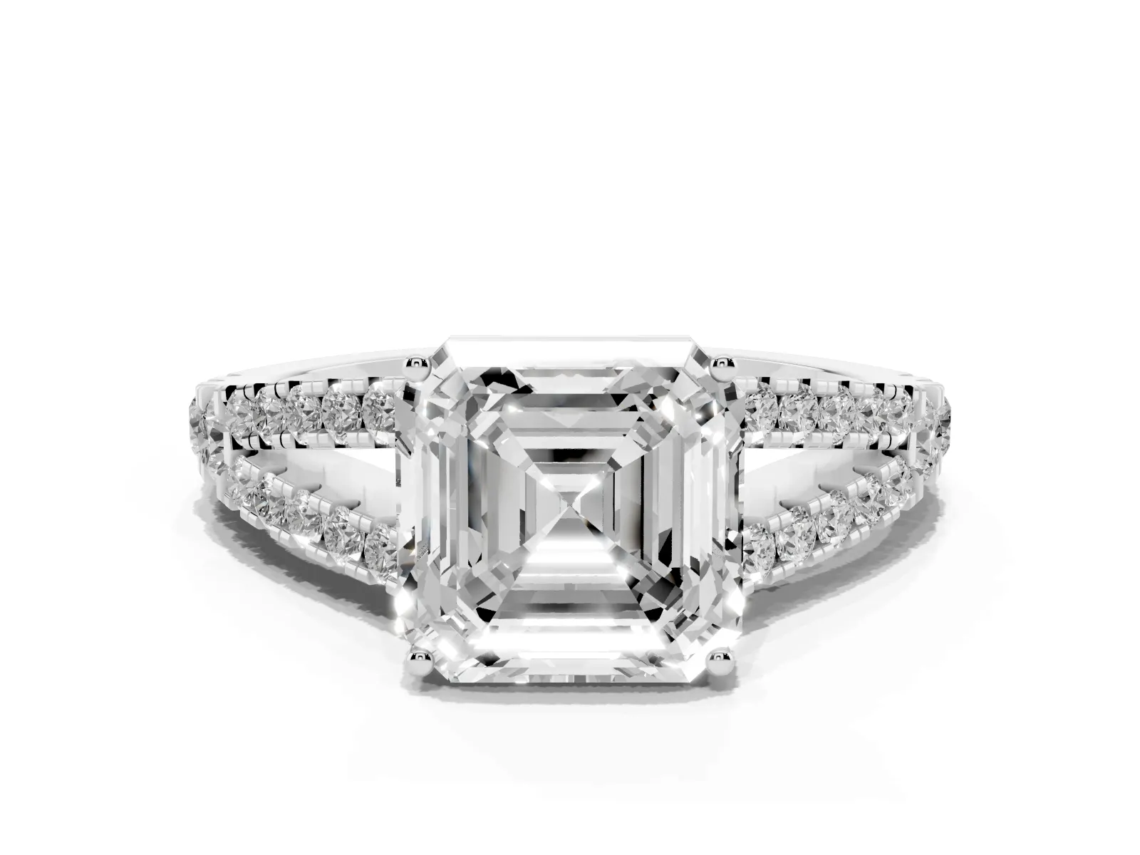Asscher Cut Diamond Split Shank Engagement Ring with Round Pavé and Prong Setting White gold