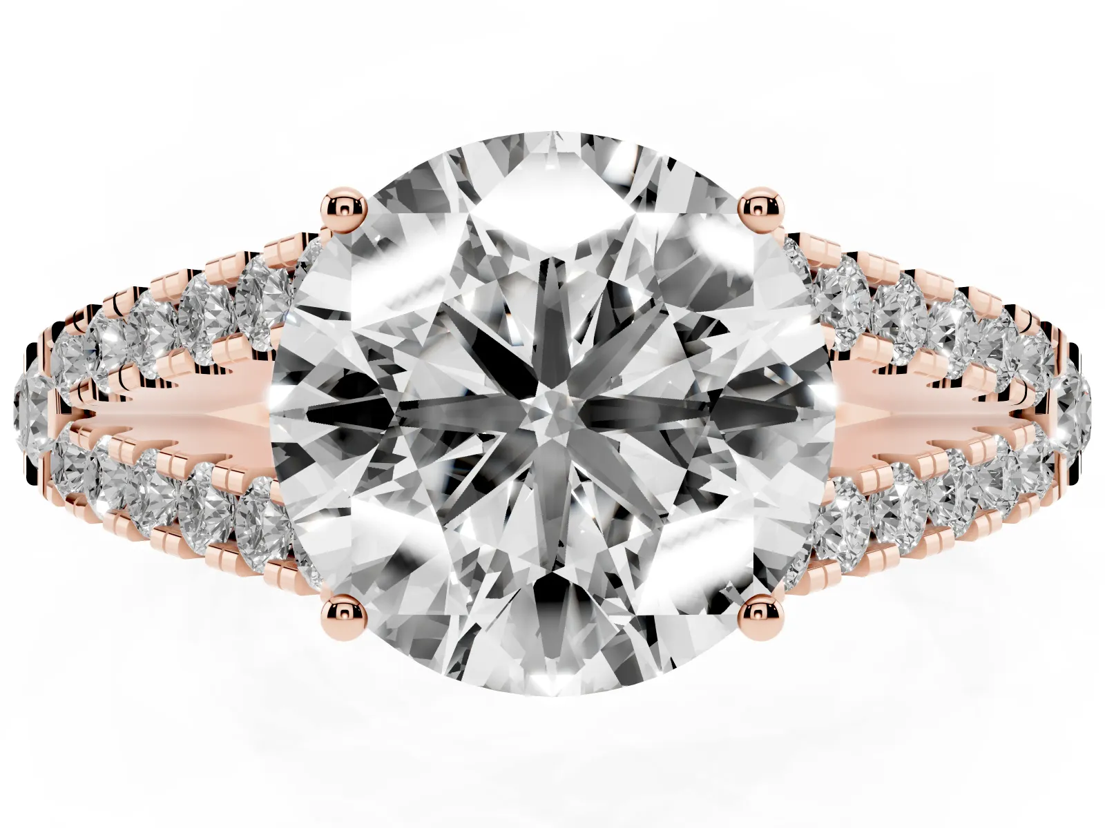Round Cut Diamond Split Shank Engagement Ring with Round Pavé and Prong Setting Rose gold