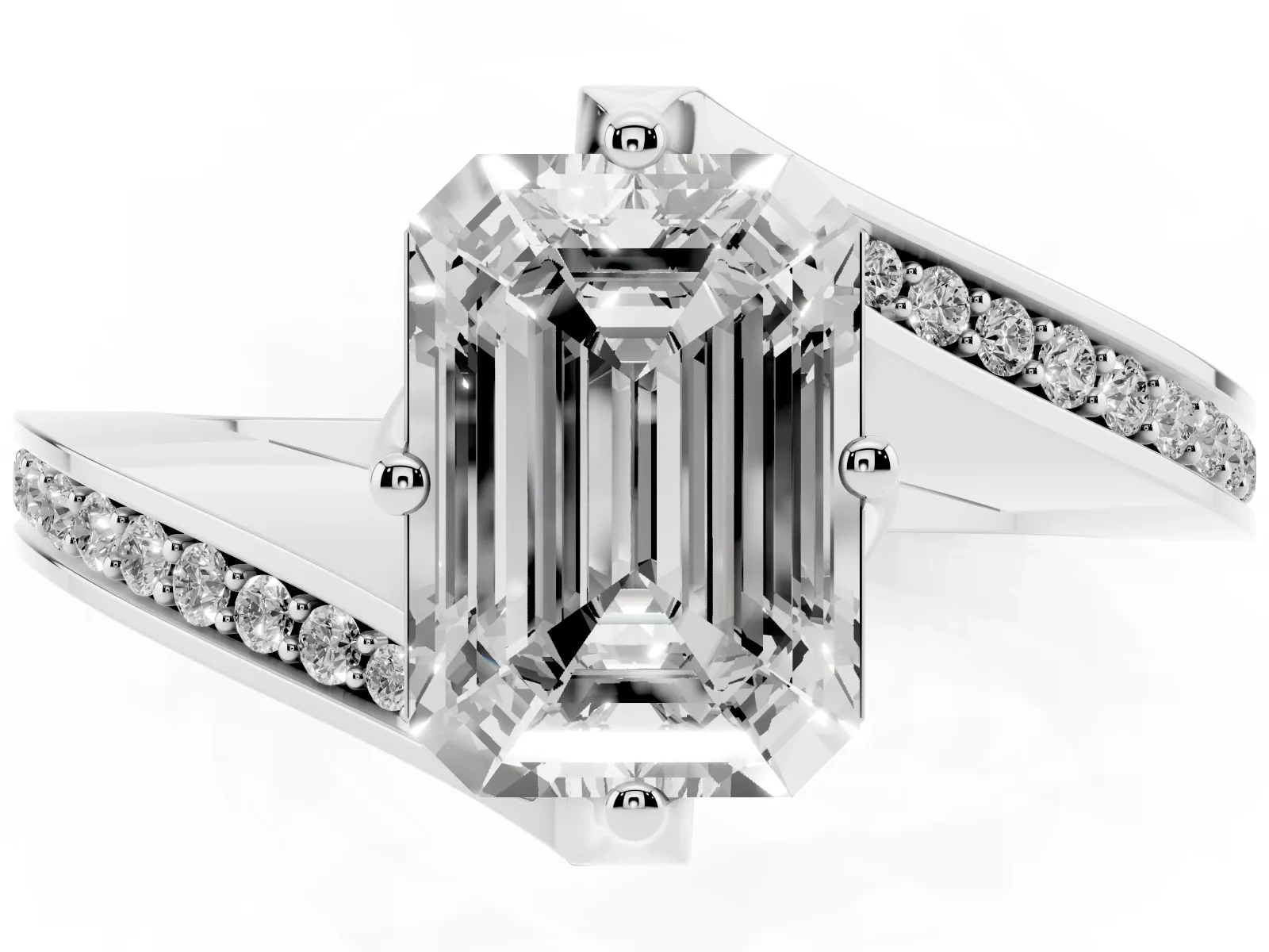 Emerald Cut Solitaire Diamond Twist Band with Pavé Setting and Four-Prong Setting Platinum
