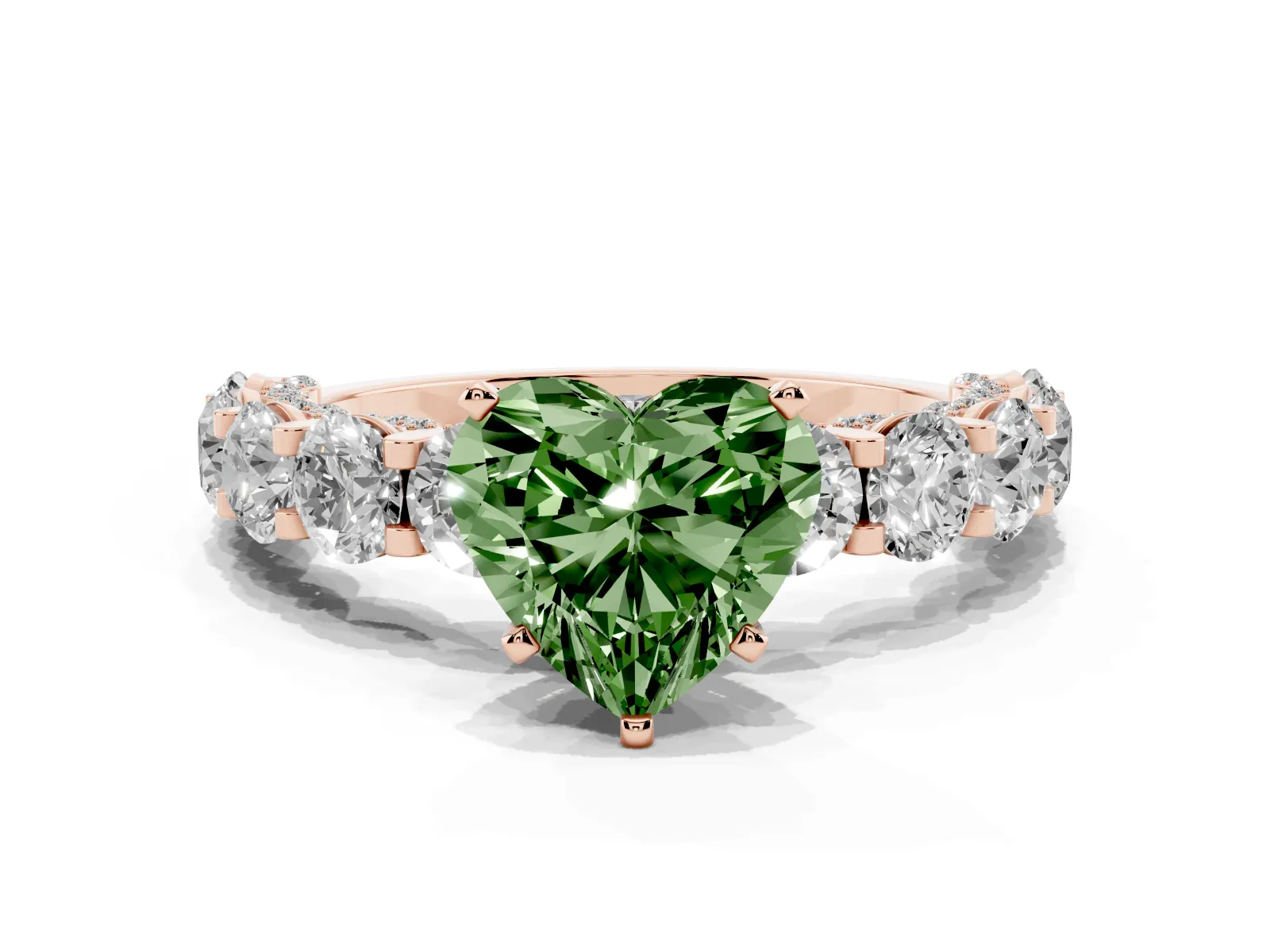 Fancy Green Heart Cut Diamond Side Stone Engagement Ring with Four-Prong Setting Rose gold