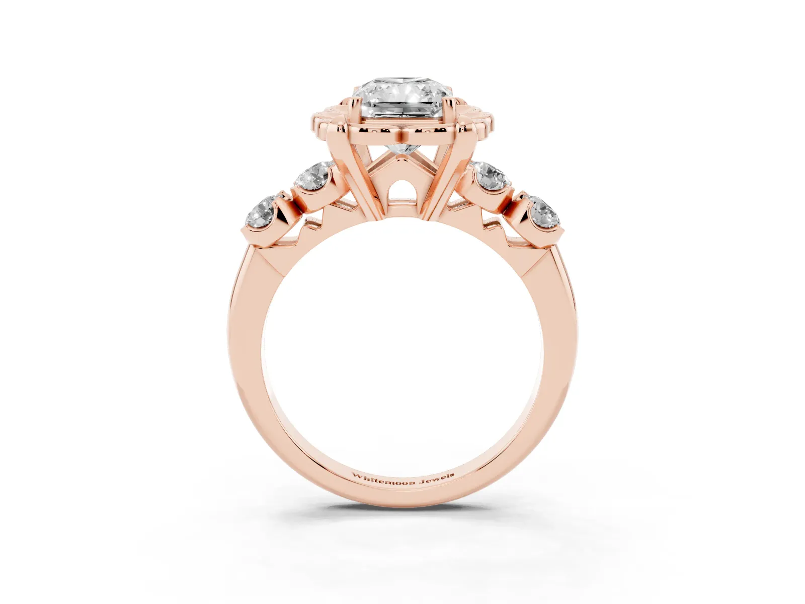 Radiant Cut Cut Diamond Floral Halo Engagement Ring with Shared Prong Setting Rose gold
