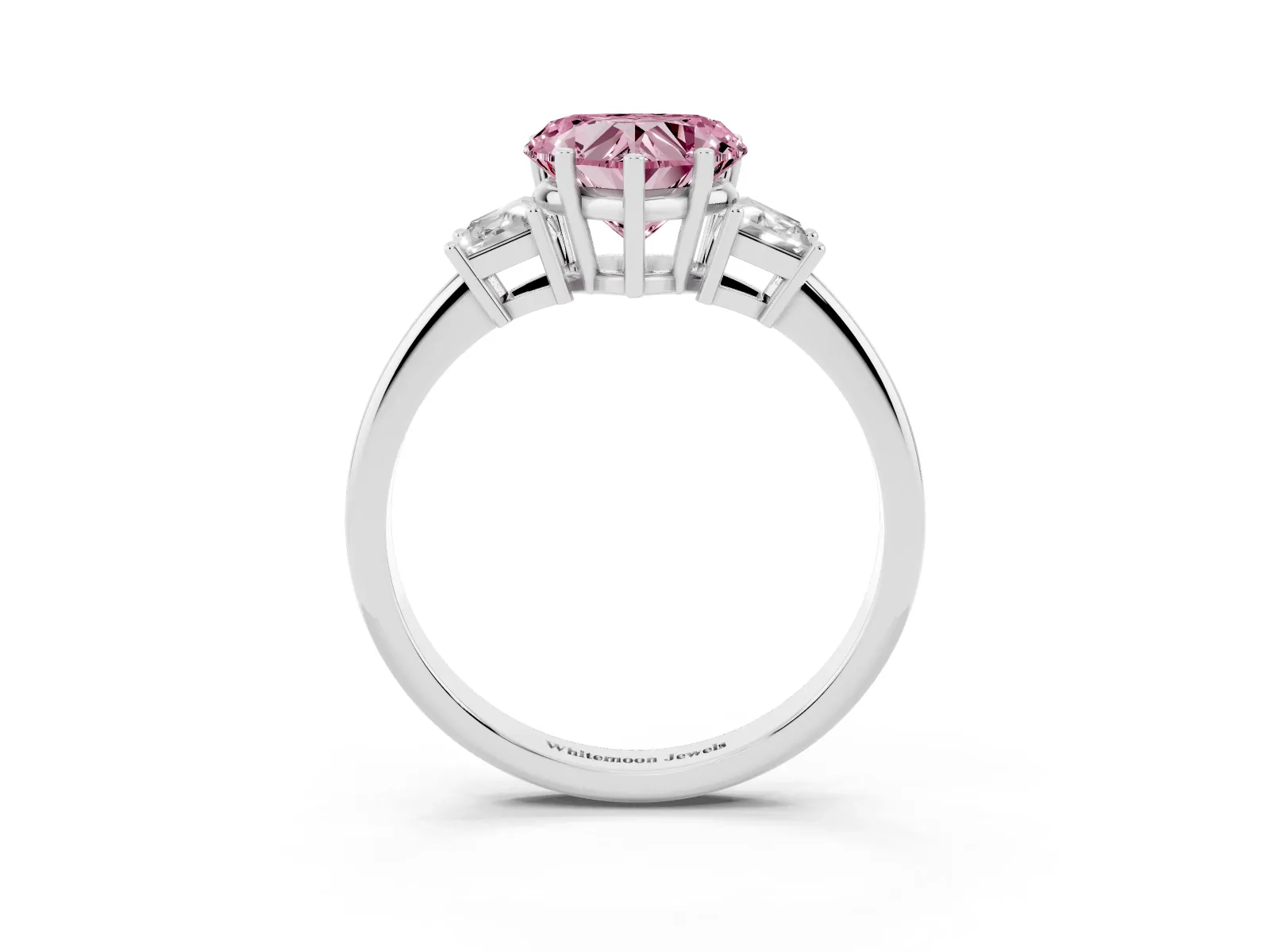 Fancy Pink Heart Cut Diamond Three-Stone Ring with Trapezoid Side Stones and Prong Setting White gold