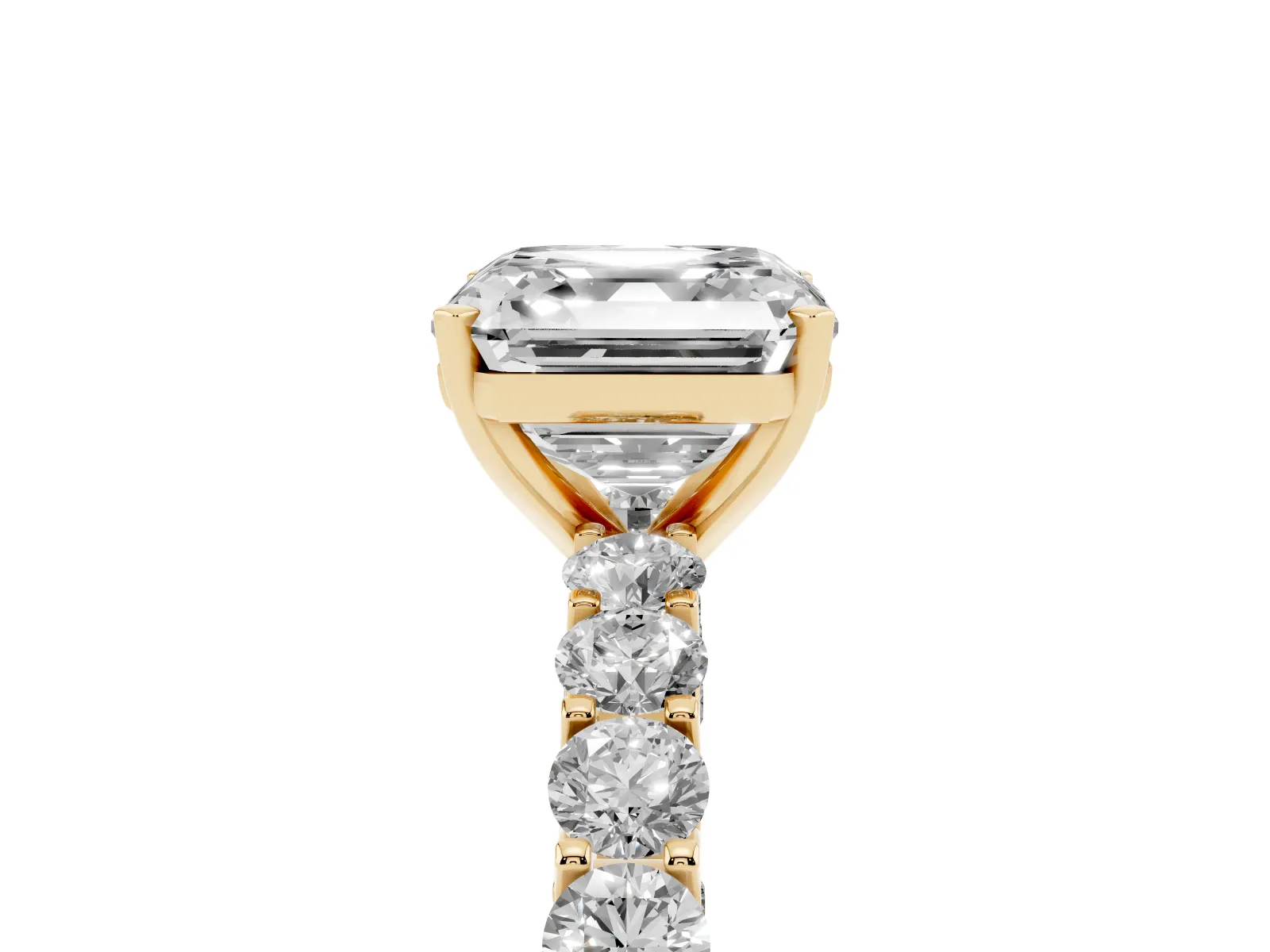 Asscher Cut Diamond Solitaire Ring with Shared Prong Pavé Band and Four-Prong Setting Yellow gold
