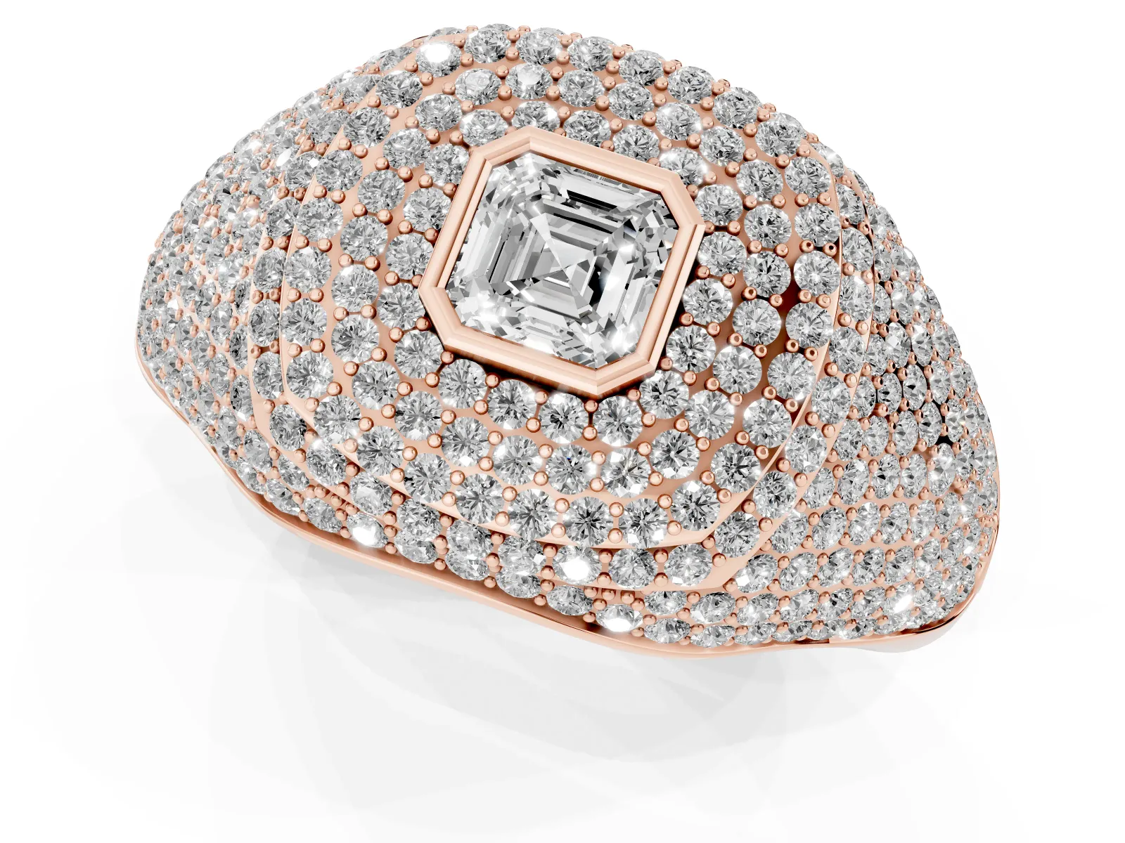 Asscher Cut Diamond Bezel Set Pavé Dome Mens Ring Rose gold