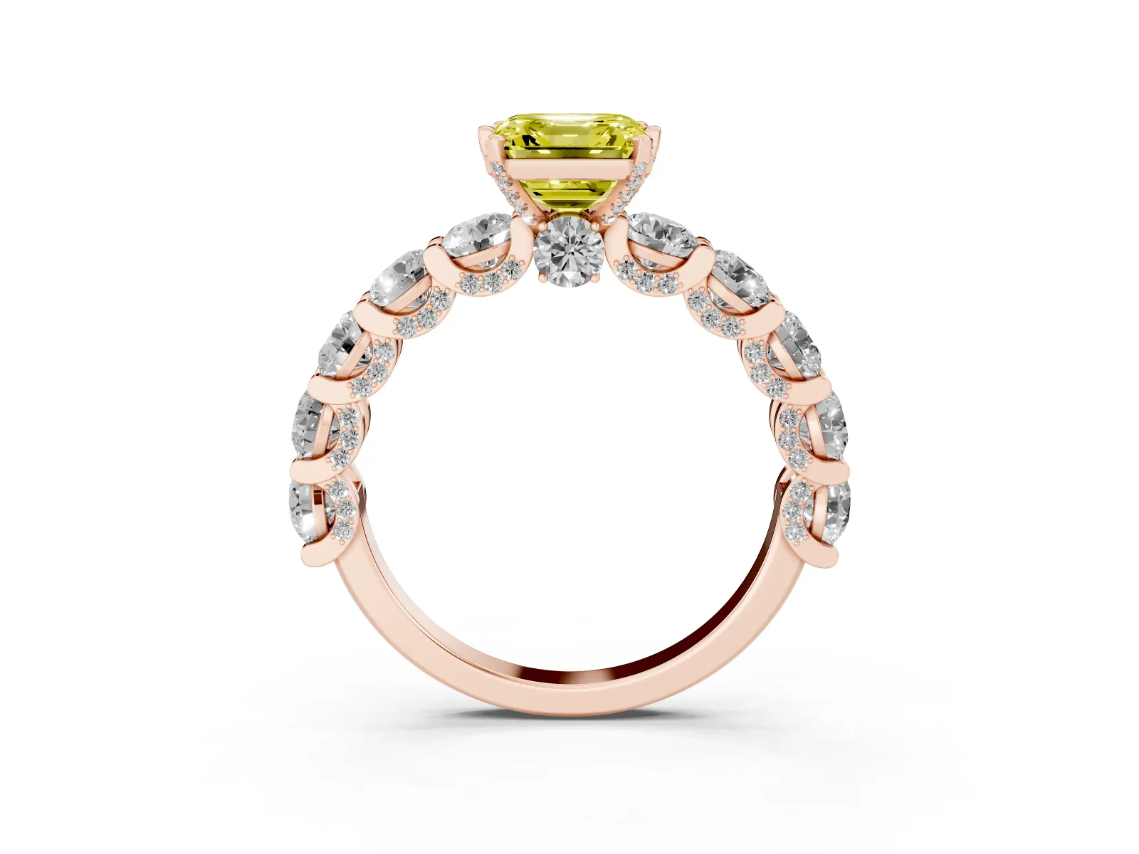Fancy Yellow Asscher Cut Diamond Side Stone Engagement Ring with Four-Prong Setting Rose gold