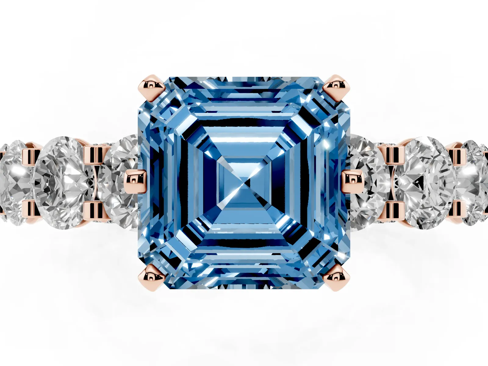 Fancy Blue Asscher Cut Diamond Side Stone Engagement Ring with Four-Prong Setting Rose gold