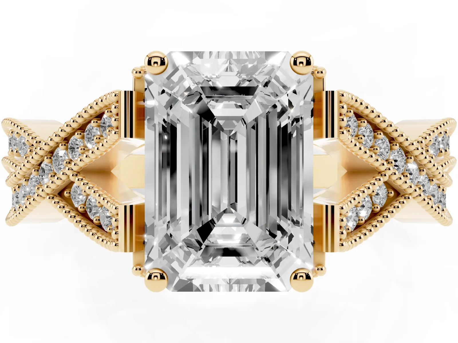 Emerald Cut Cut Diamond Twisted Band with Milgrain Pave Setting and Four-Prong Setting Yellow gold