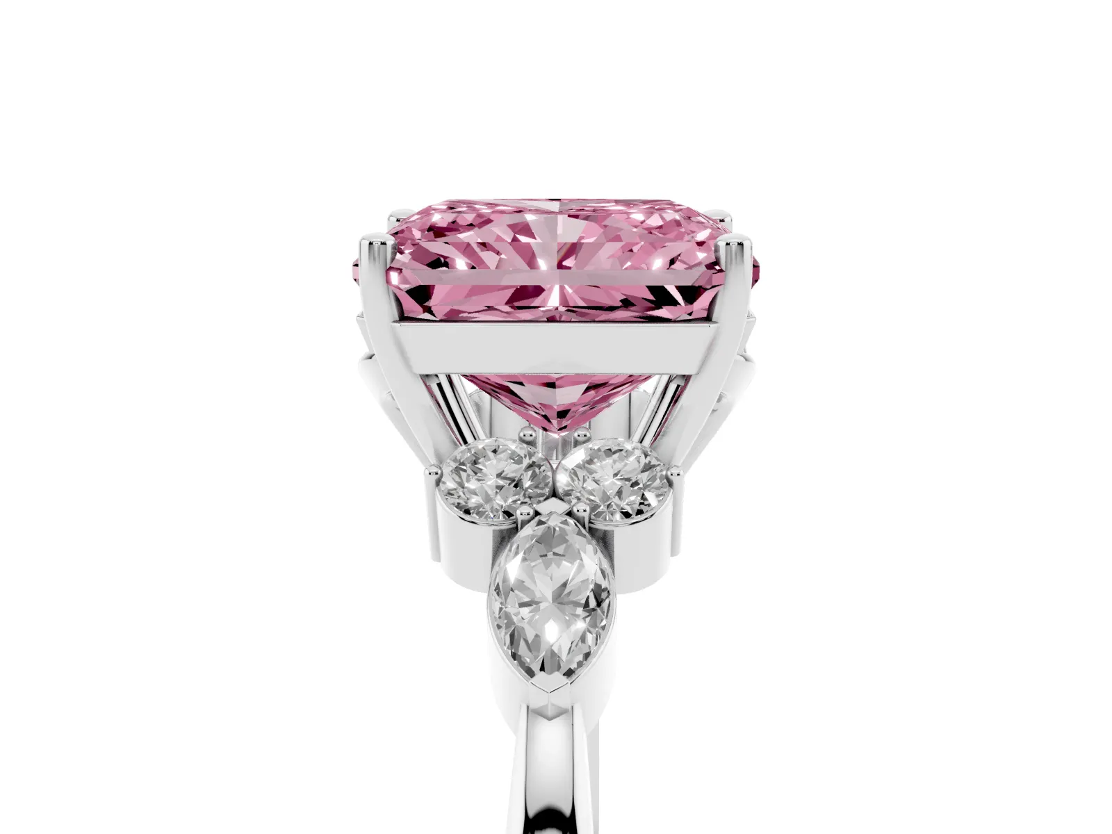 Fancy Pink Radiant Cut Brilliant Diamond Solitaire Ring with Pear Side Stones and Four-Prong Setting White gold