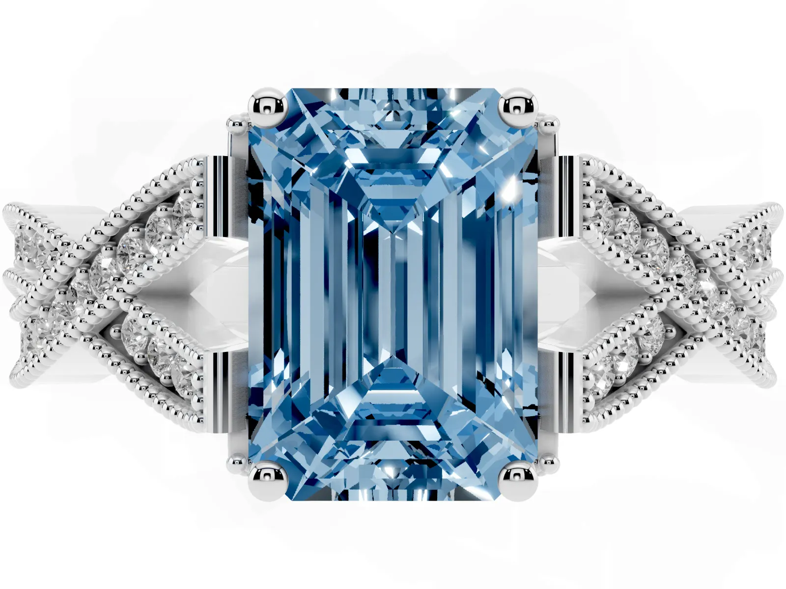 Fancy Blue Emerald Cut Cut Diamond Twisted Band with Milgrain Pave Setting and Four-Prong Setting Platinum