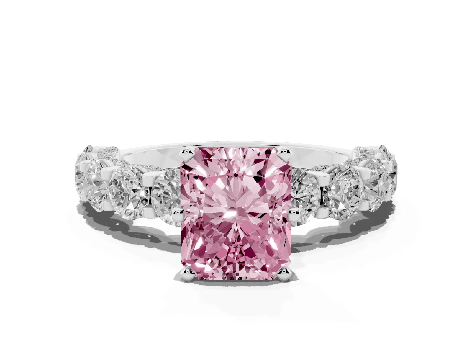 Fancy Pink Radiant Cut Diamond Side Stone Engagement Ring with Four-Prong Setting Platinum