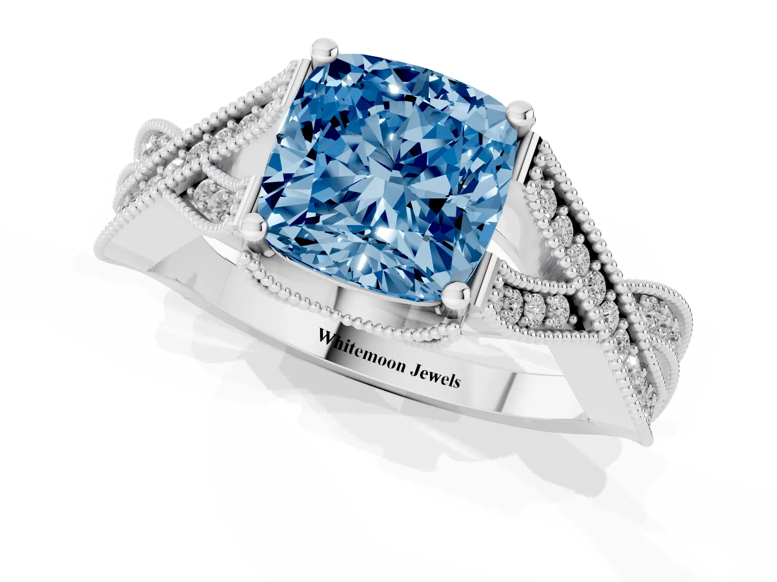 Fancy Blue Cushion Cut Cut Diamond Twisted Band with Milgrain Pave Setting and Four-Prong Setting Platinum