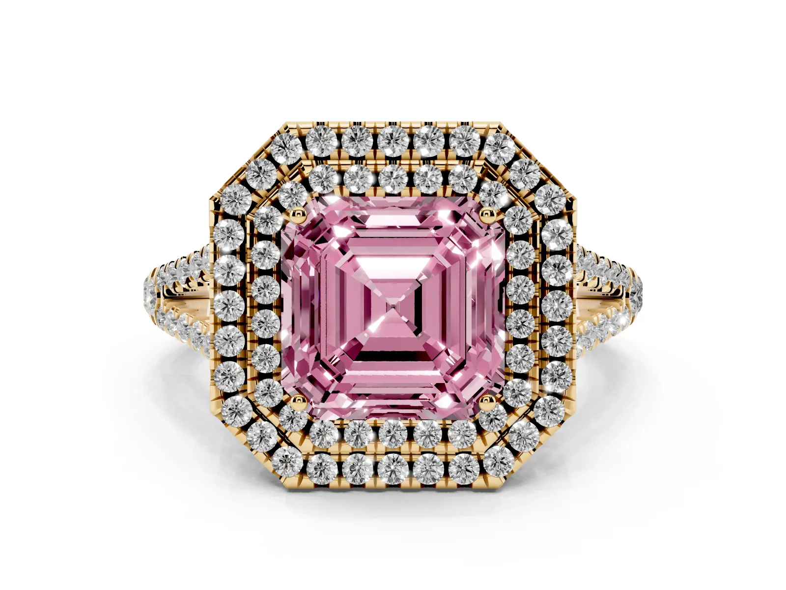 Fancy Pink Asscher Cut Diamond Double Halo Ring with Pavé Band and Prong Setting Yellow gold