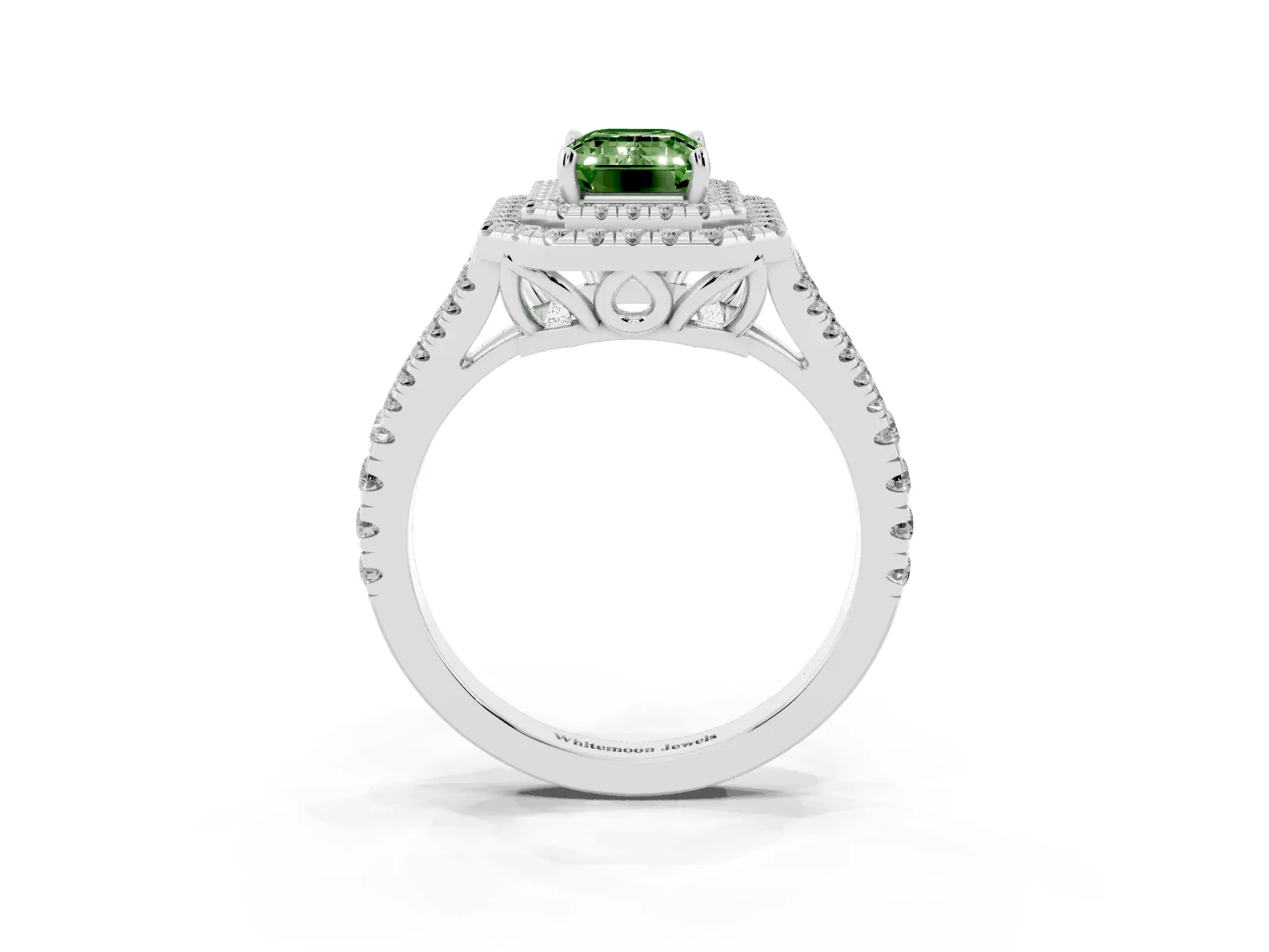 Fancy Green Emerald Cut Diamond Double Halo Ring with Pavé Band and Prong Setting Platinum