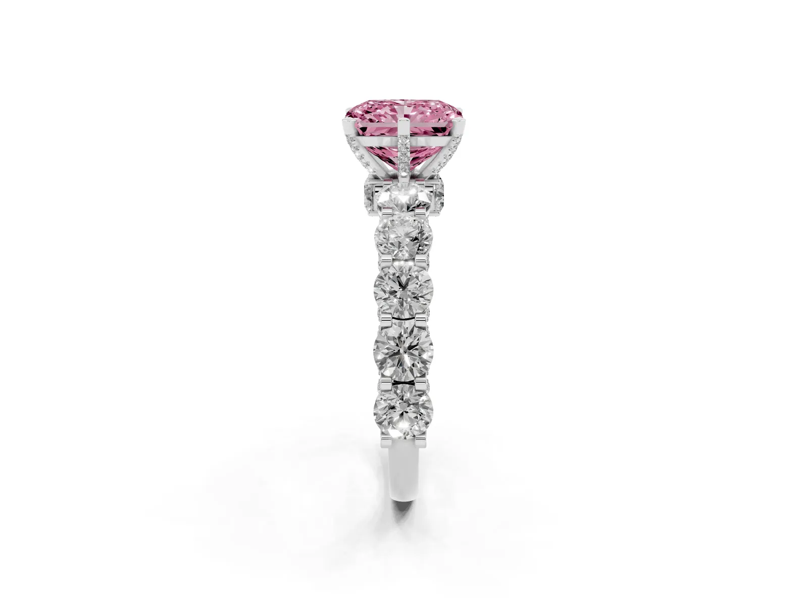 Fancy Pink Radiant Cut Diamond Side Stone Engagement Ring with Four-Prong Setting Platinum