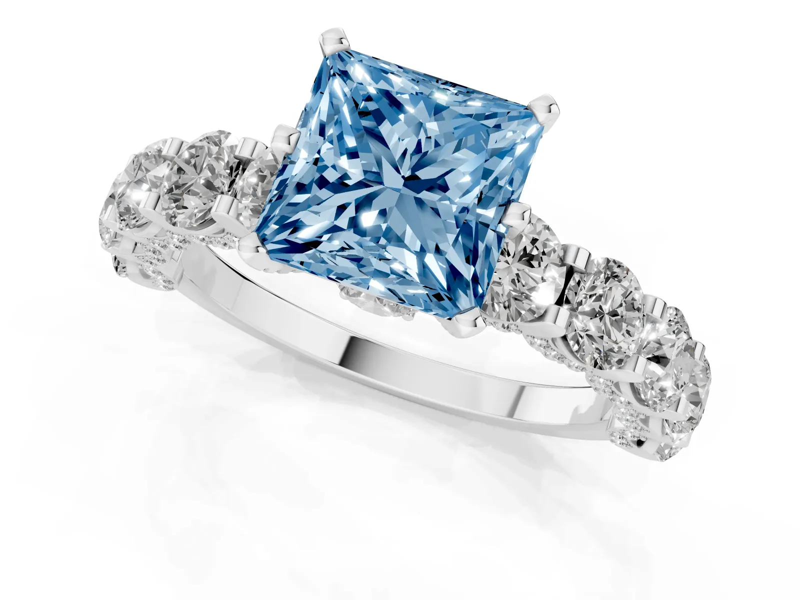 Fancy Blue Princess Cut Diamond Side Stone Engagement Ring with Four-Prong Setting Platinum