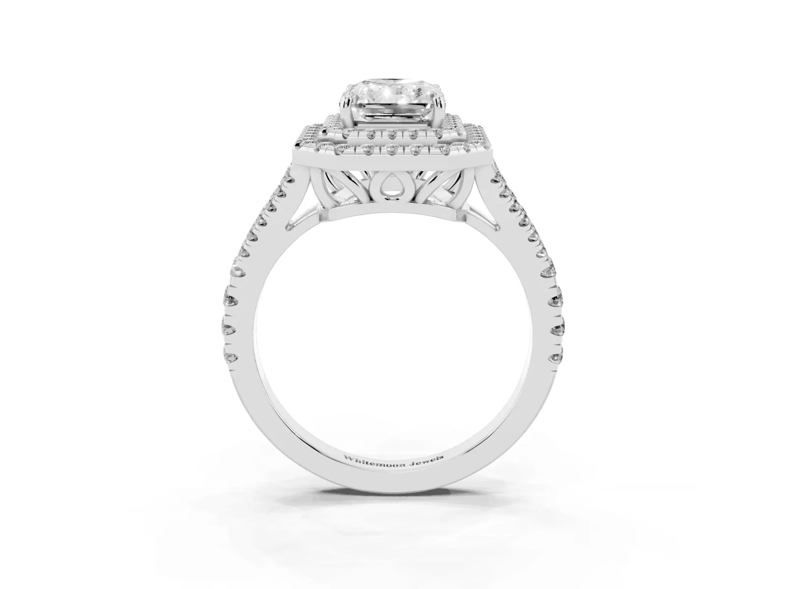 Radiant Cut Diamond Double Halo Ring with Pavé Band and Prong Setting Platinum