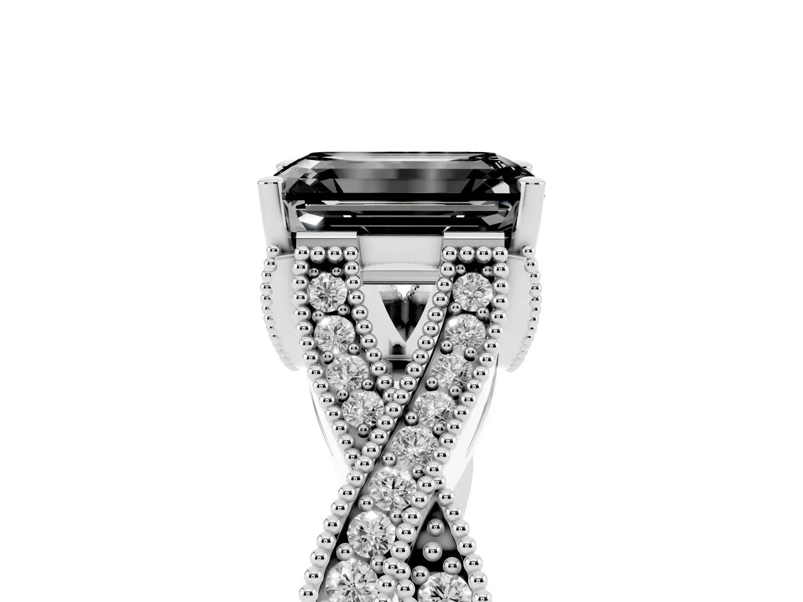 Fancy Black Emerald Cut Cut Diamond Twisted Band with Milgrain Pave Setting and Four-Prong Setting Platinum