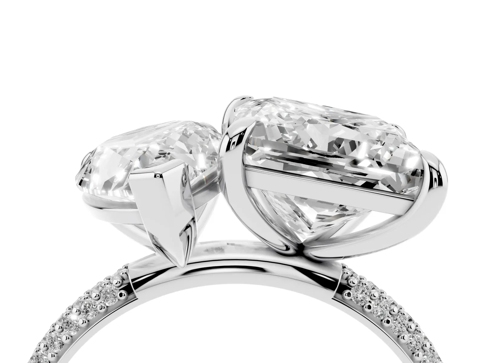 Pear and Princess Toi Moi Ring with Prong Setting and Pave Band Platinum