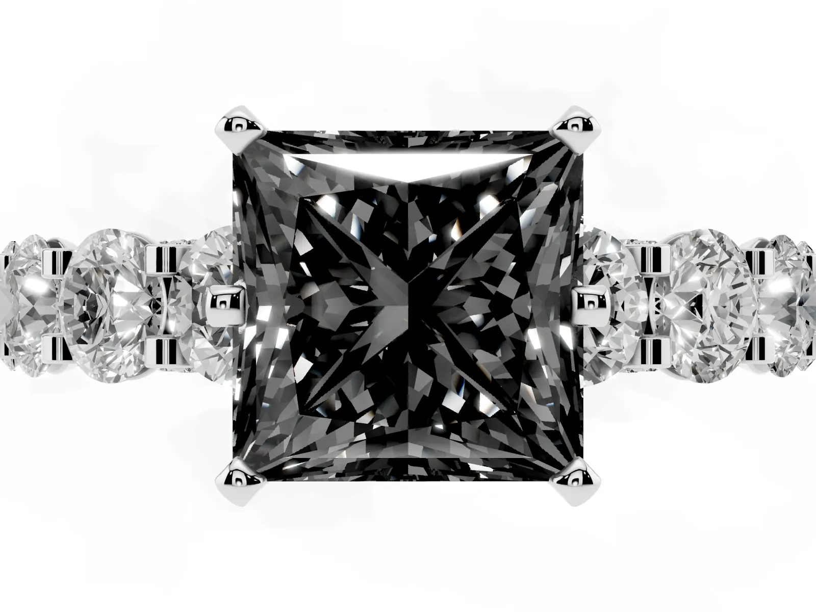 Fancy Black Princess Cut Diamond Side Stone Engagement Ring with Four-Prong Setting Platinum