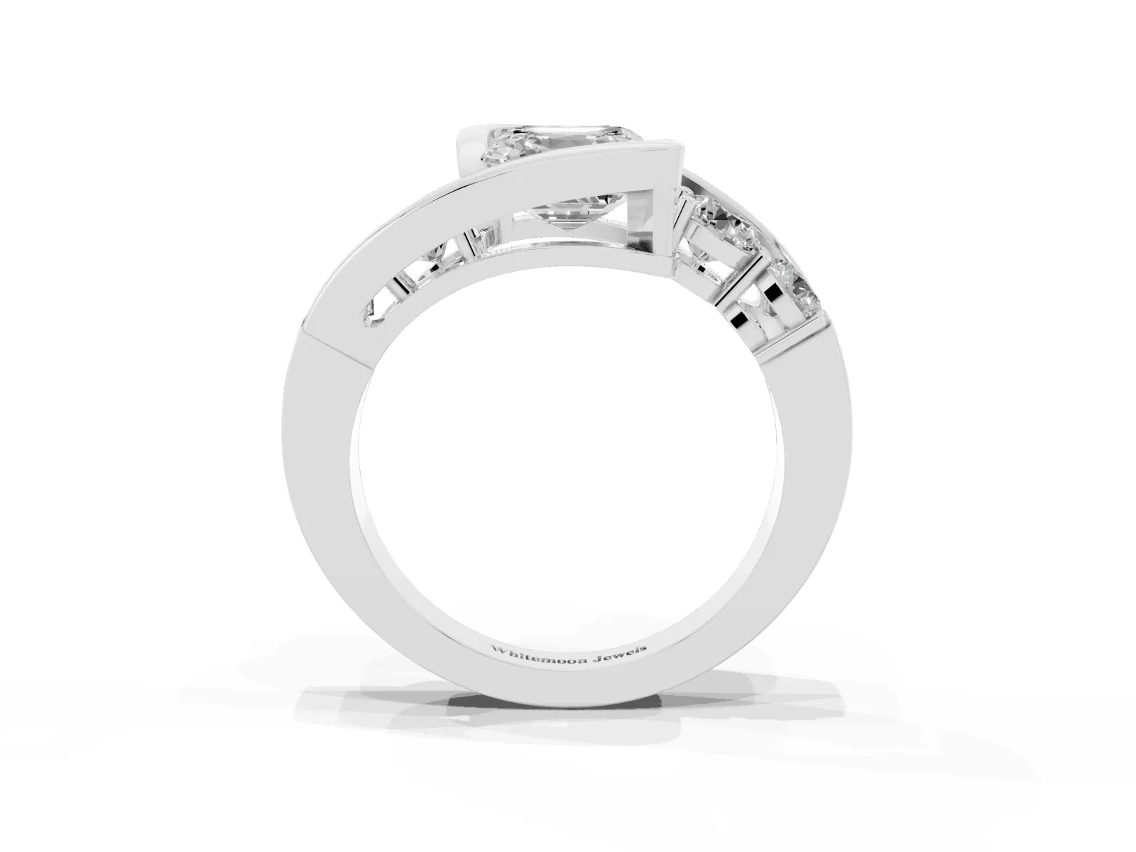 Bezel Set Asscher Cut Diamond Bypass Ring with Round Accents Platinum