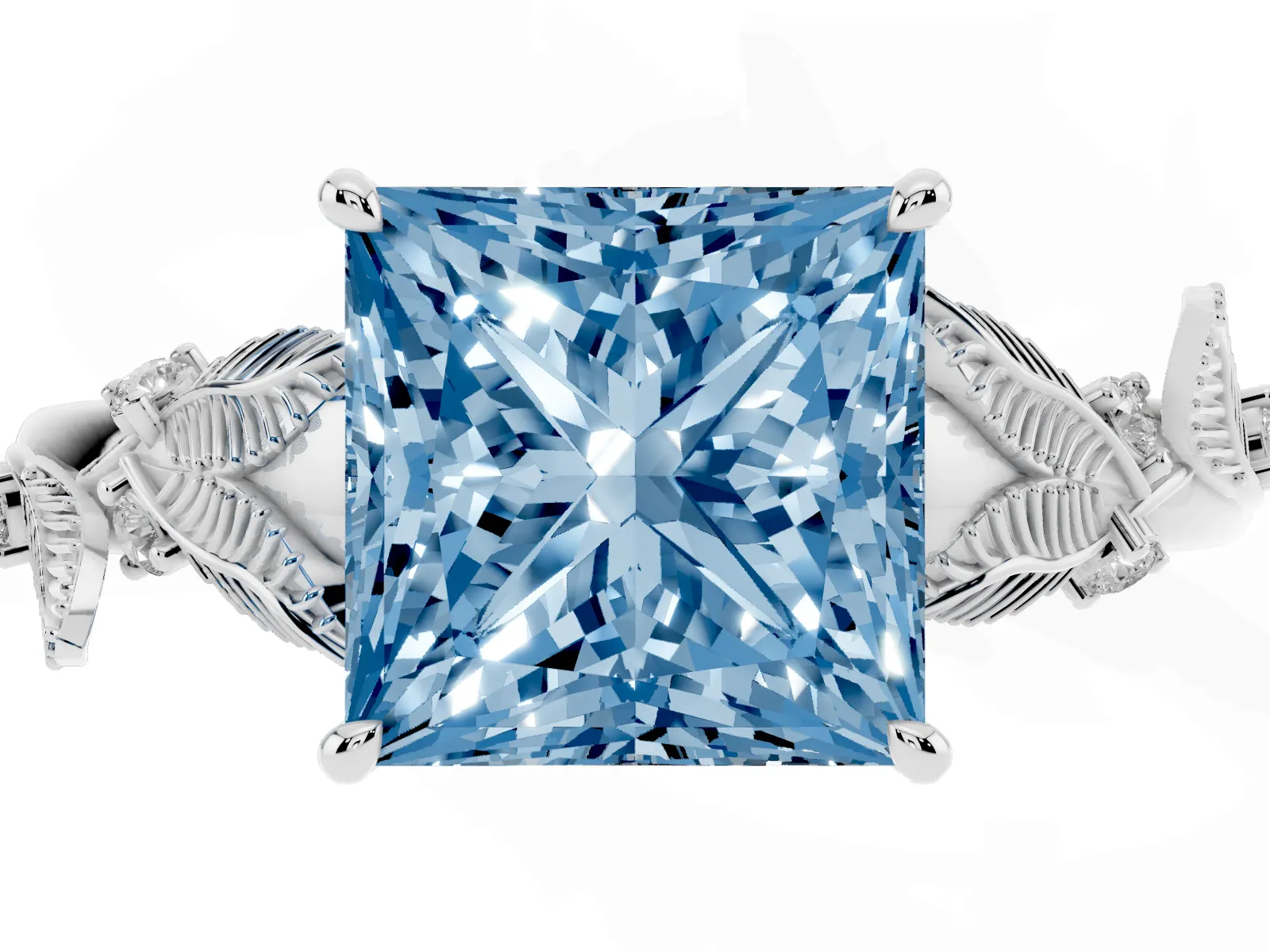 Fancy Blue Princess Cut Diamond Solitaire Ring with Leaf Motif Band and Four-Prong Setting Platinum