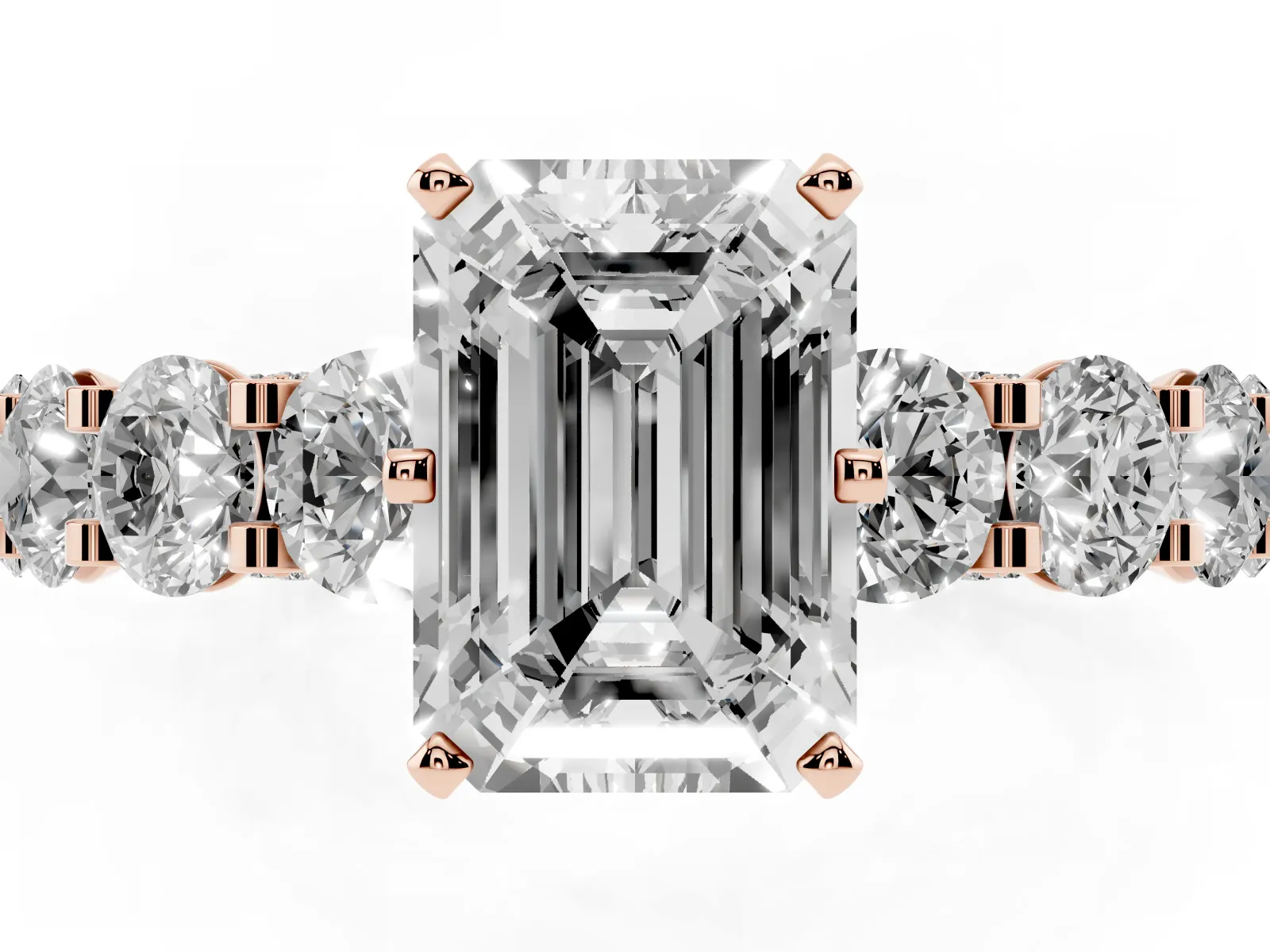 Emerald Cut Diamond Side Stone Engagement Ring with Four-Prong Setting Rose gold