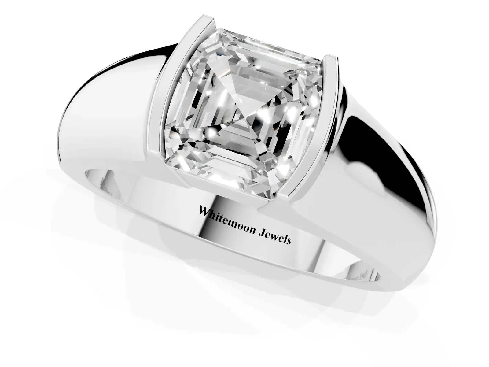Asscher Cut Solitaire Bezel Set Diamond Ring with Wide Band Platinum