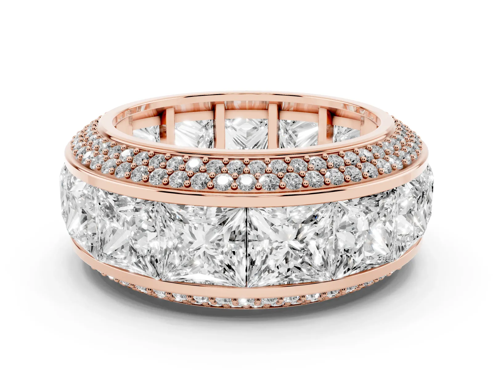 Princess Diamond Pavé Mens Wedding Band with Round Diamond Accents Rose gold