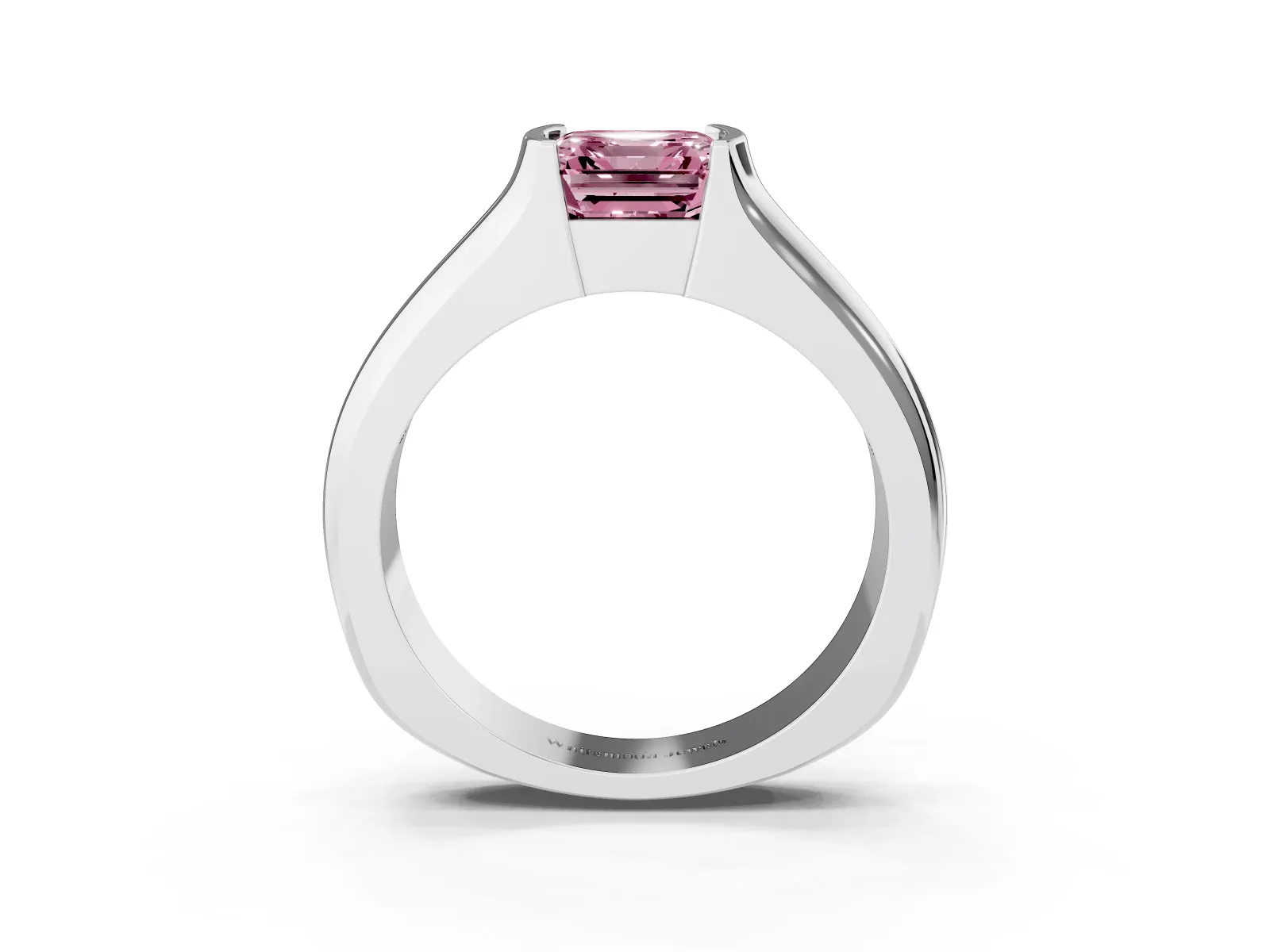 Fancy Pink Asscher Cut Solitaire Bezel Set Diamond Ring with Wide Band Platinum