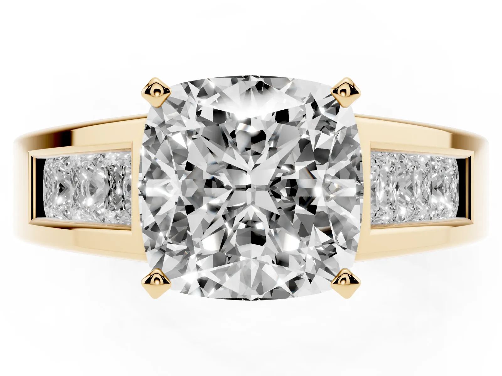 Cushion Cut Cut Channel Set Solitaire Ring with Four-Prong Setting Yellow gold