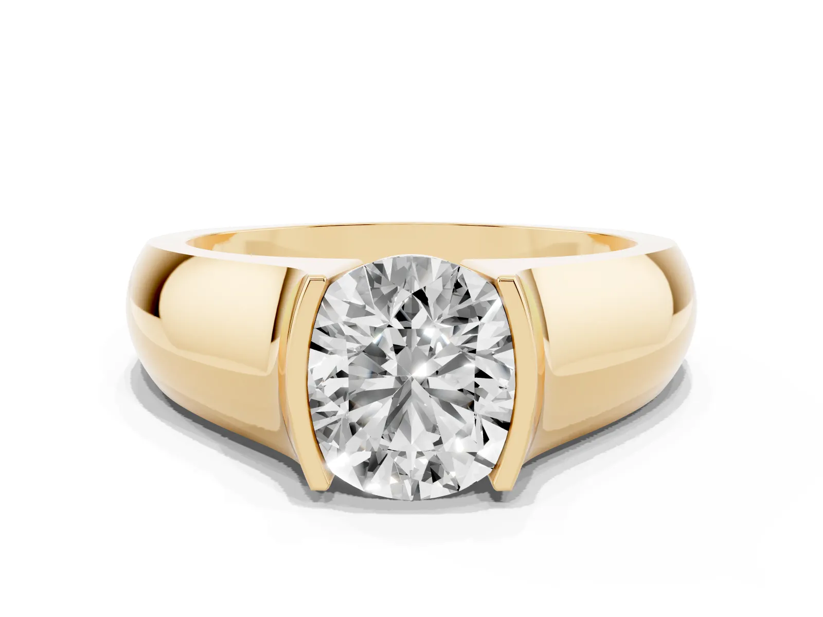 Round Cut Solitaire Bezel Set Diamond Ring with Wide Band Yellow gold