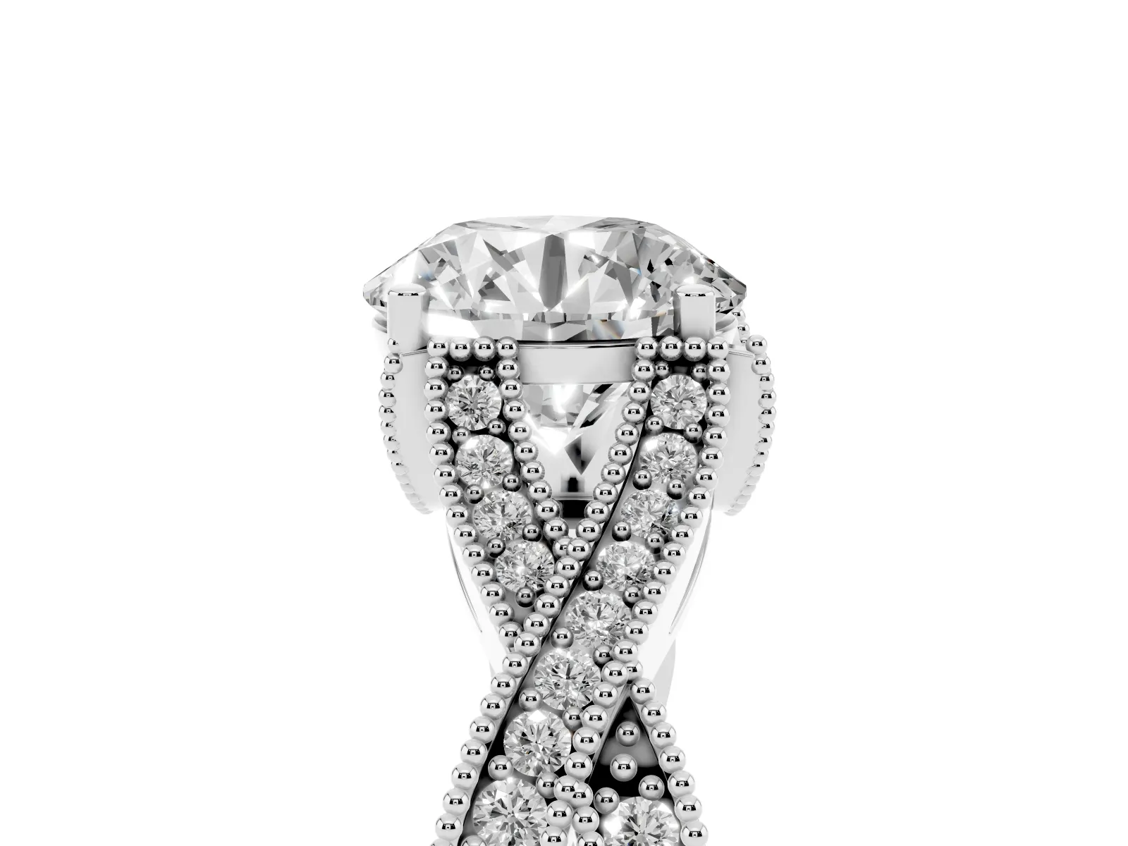 Round Cut Cut Diamond Twisted Band with Milgrain Pave Setting and Four-Prong Setting Platinum