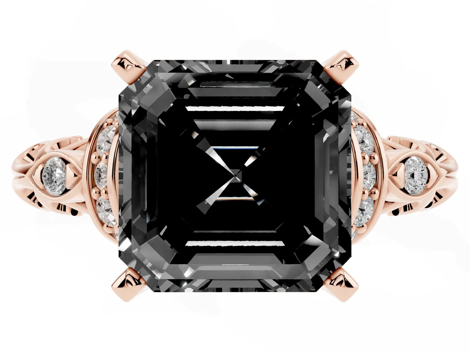 Fancy Black Asscher Cut Diamond Solitaire Ring with Filigree Band and Four-Prong Setting Rose gold