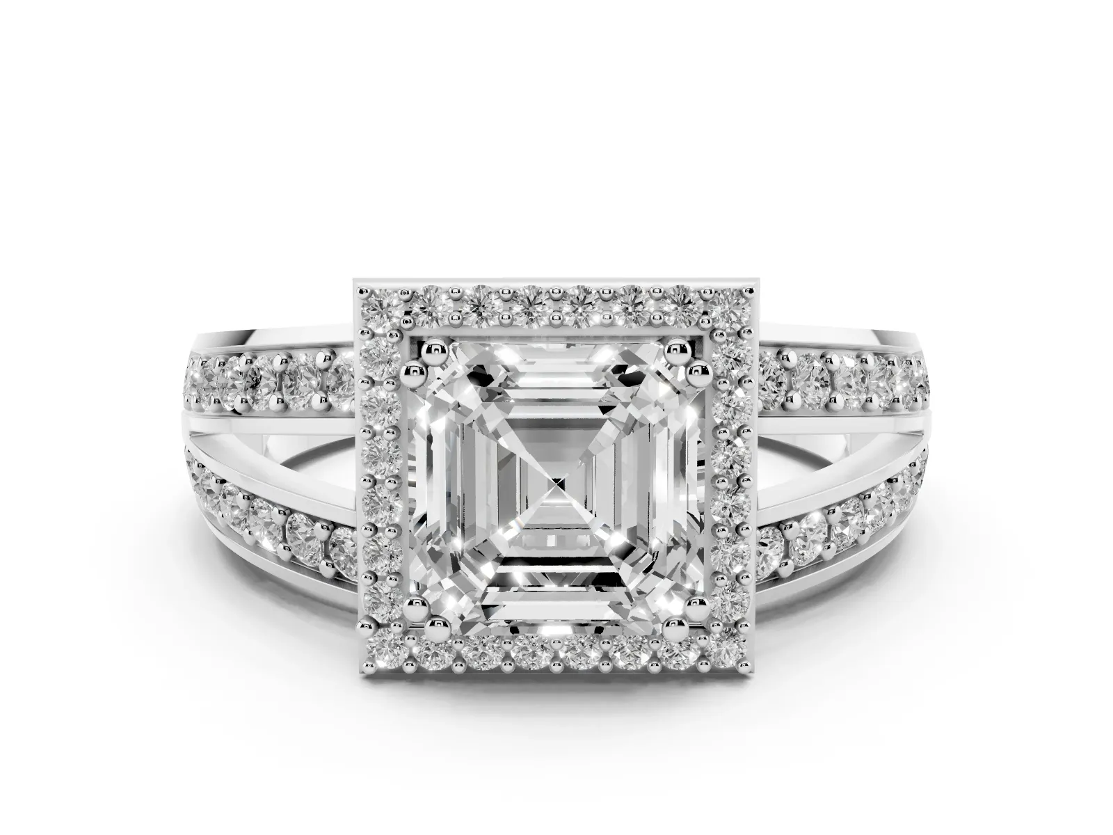 Asscher Cut Diamond Halo Ring with Split Shank Pavé Band and Four-Prong Setting Platinum