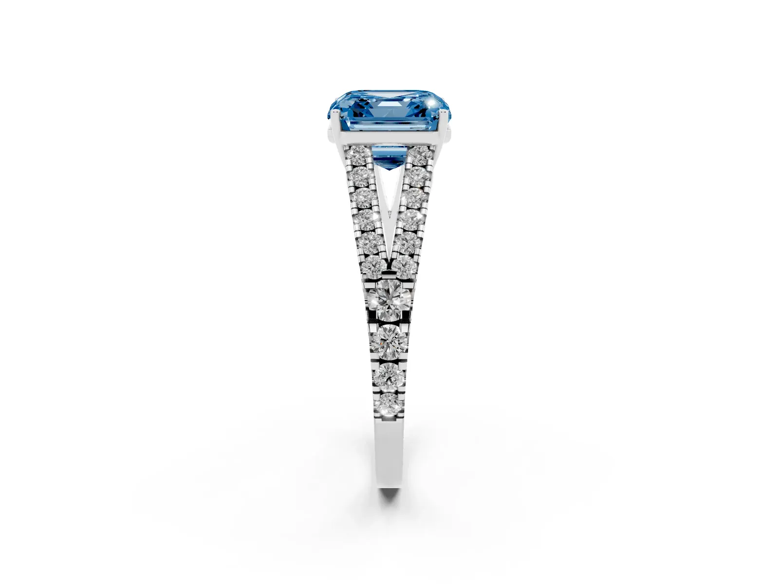 Fancy Blue Asscher Cut Diamond Split Shank Engagement Ring with Round Pavé and Prong Setting White gold