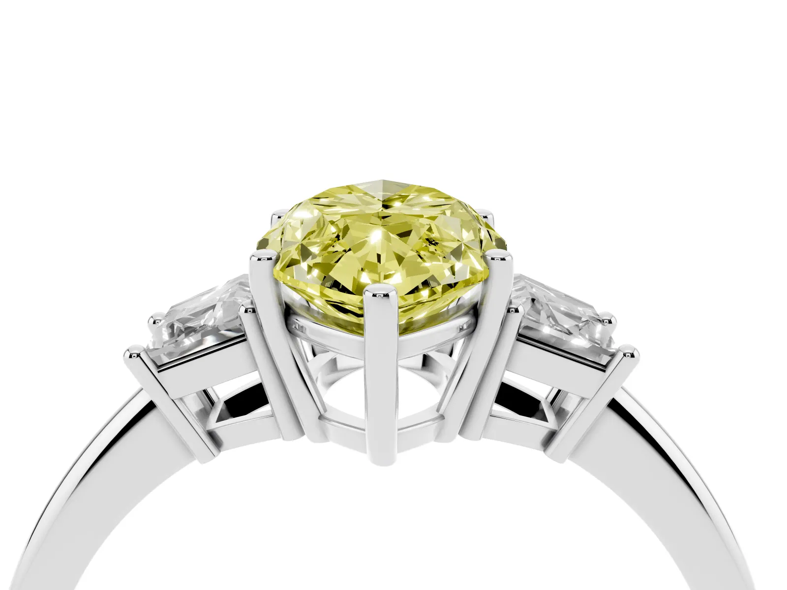 Fancy Yellow Marquise Cut Diamond Three-Stone Ring with Trapezoid Side Stones and Prong Setting Platinum