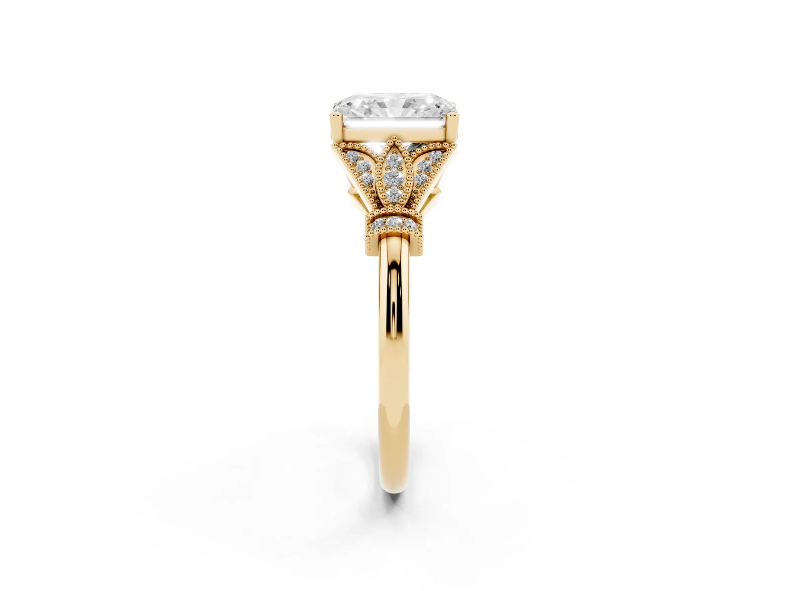 Radiant Cut Diamond Solitaire Ring with Floral Filigree and Pave Accents Yellow gold