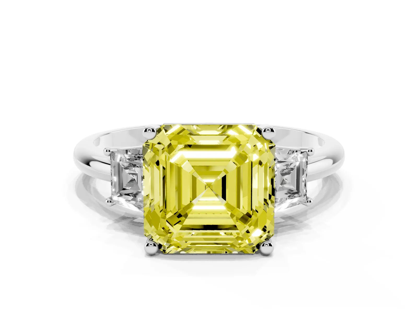 Fancy Yellow Asscher Cut Diamond Three-Stone Ring with Trapezoid Side Stones and Prong Setting White gold
