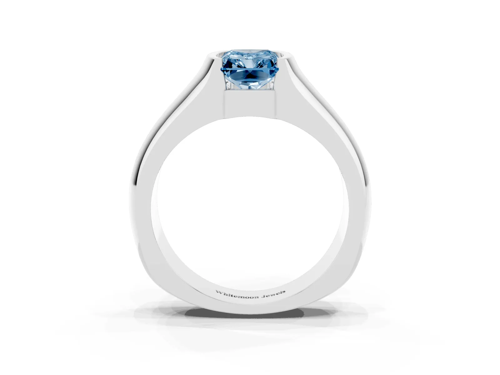 Fancy Blue Radiant Cut Solitaire Bezel Set Diamond Ring with Wide Band White gold