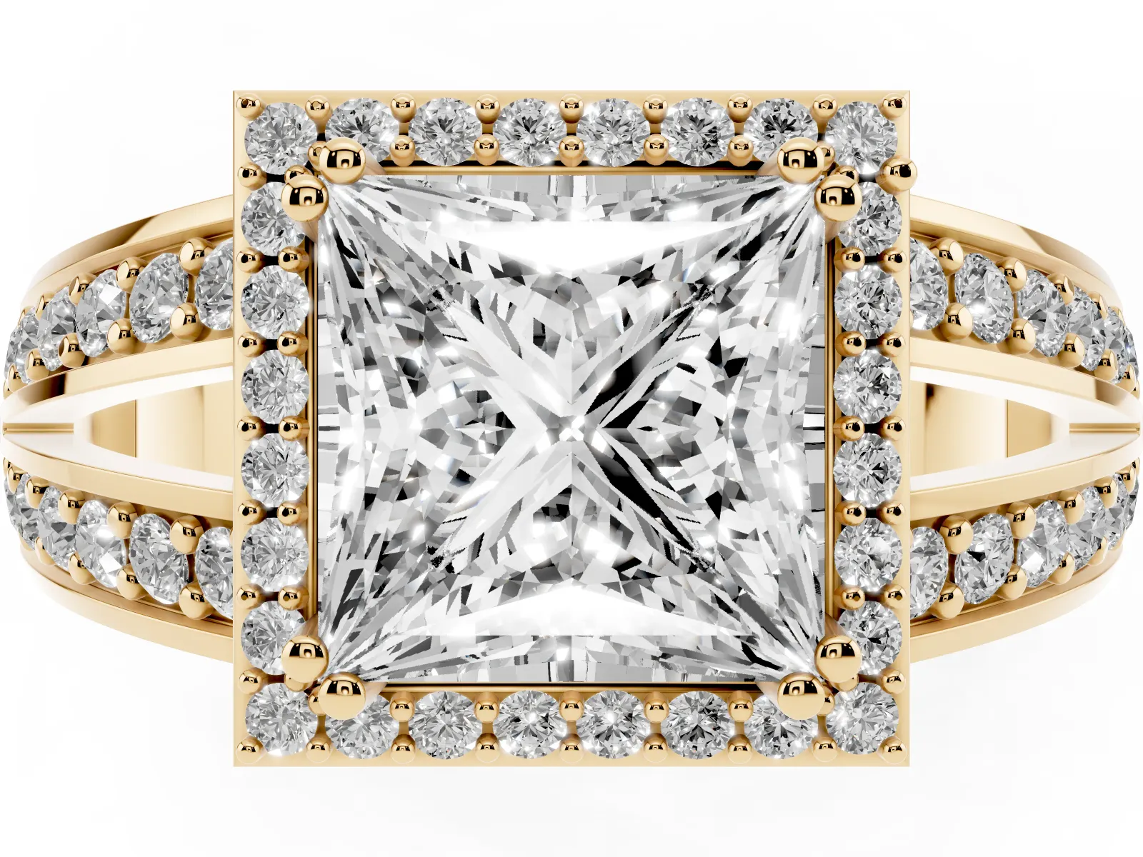 Princess Cut Diamond Halo Ring with Split Shank Pavé Band and Four-Prong Setting Yellow gold