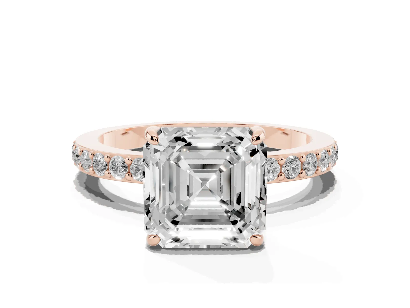 Asscher Cut Diamond Solitaire Engagement Ring with Pavé Band and Four-Prong Setting Rose gold