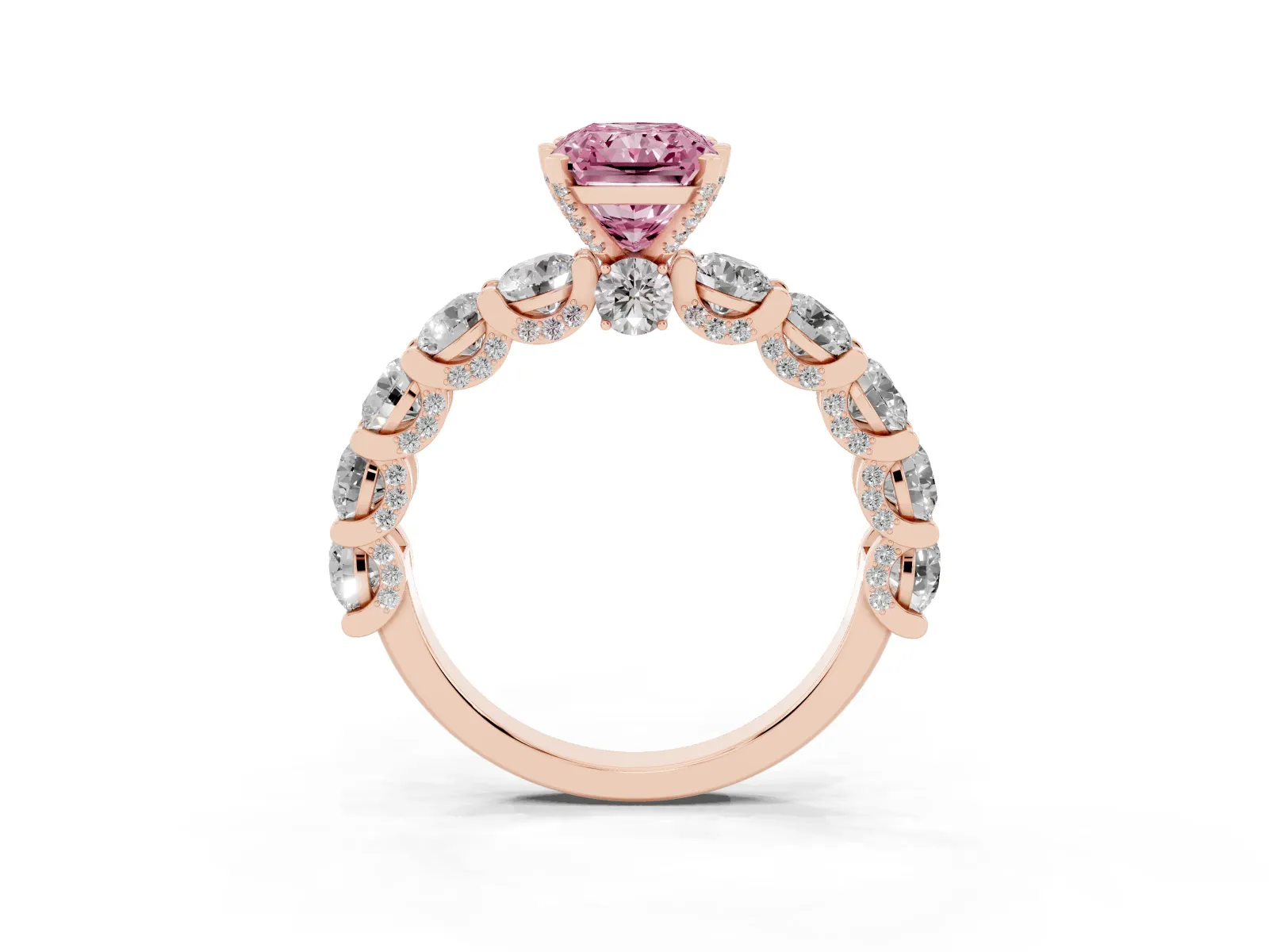 Fancy Pink Radiant Cut Diamond Side Stone Engagement Ring with Four-Prong Setting Rose gold