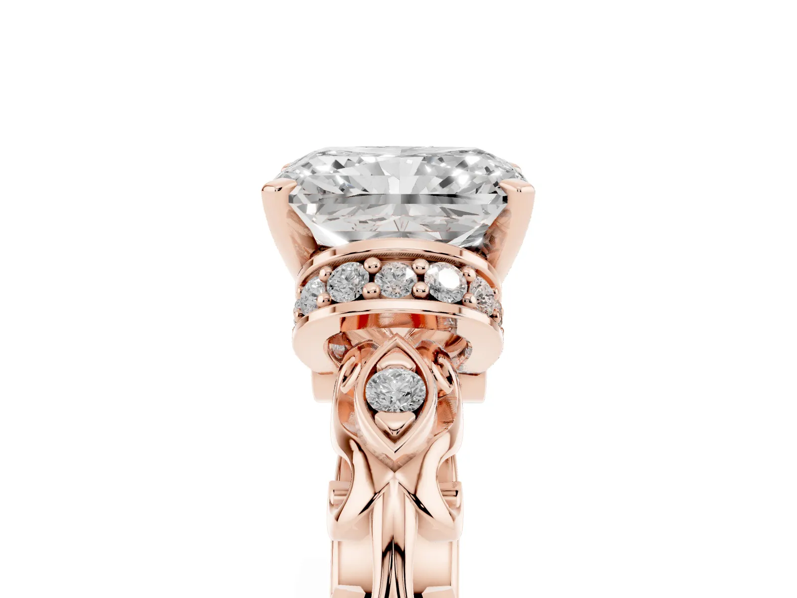 Radiant Cut Diamond Solitaire Ring with Filigree Band and Four-Prong Setting Rose gold